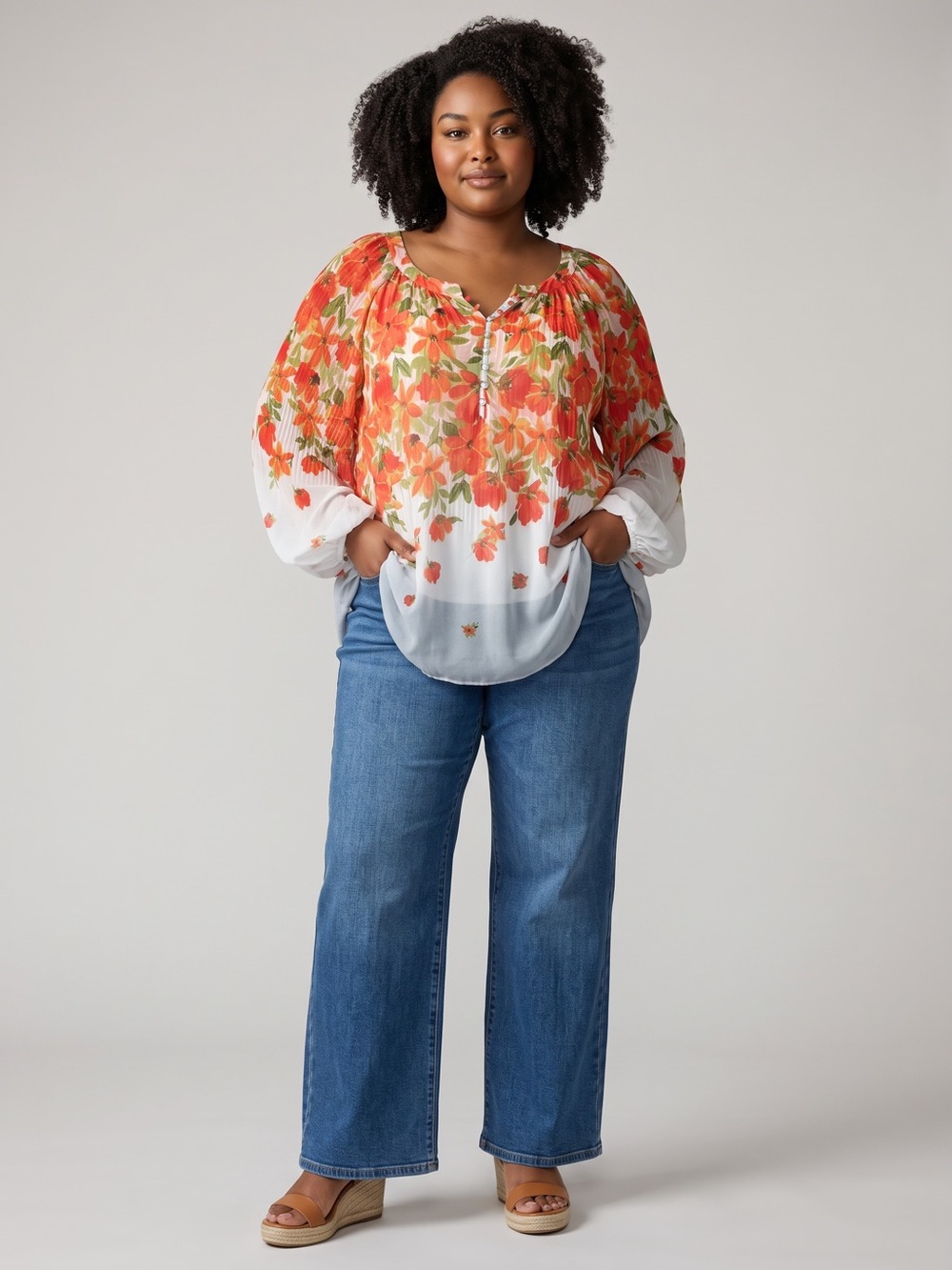 fig and flower White Blouse with Orange Floral Print